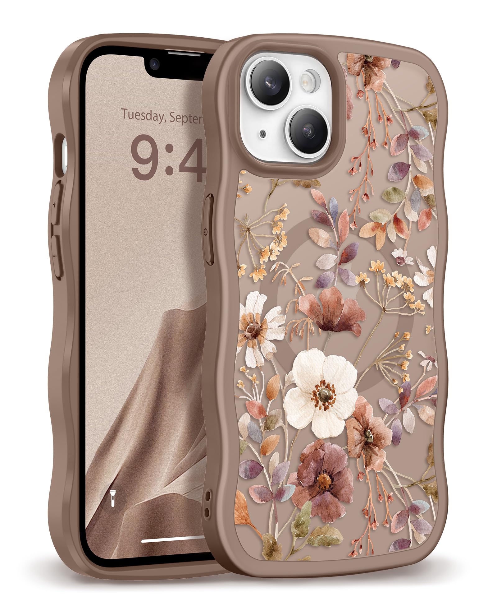 GVIEWIN for iPhone 17 Pro Case Compatible with MagSafe [Curly Wave Edge][Full Camera Protection] Floral Translucent Shockproof Magnetic Women Phone Case for iPhone 17 Pro 6.3'', Floratopia/Brown
