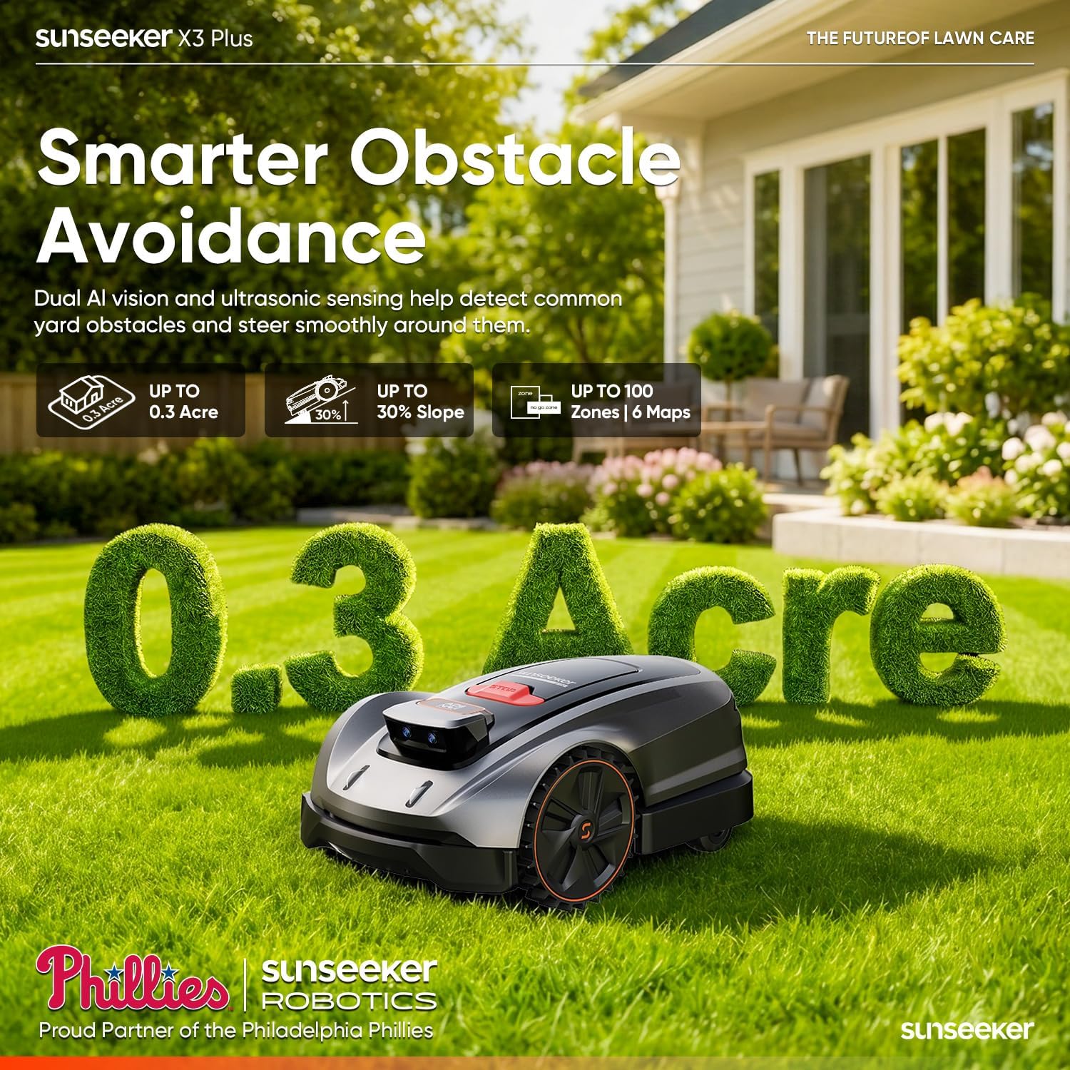 Sunseeker X7 AWD Robot Lawn Mower, RTK, Vision AI, 0.75 Acre, Wire-Free | Flagship AWD mowing for homeowners with large, challenging yards, steep slopes and uneven terrain.