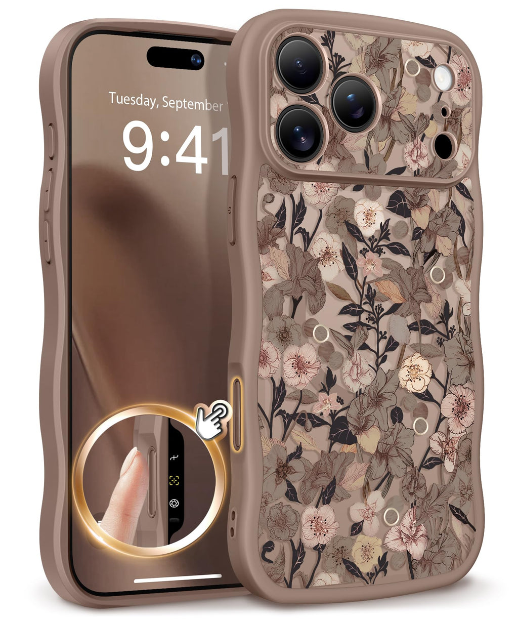 GVIEWIN for iPhone 17 Pro Case Compatible with MagSafe [Curly Wave Edge][Full Camera Protection] Floral Translucent Shockproof Magnetic Women Phone Case for iPhone 17 Pro 6.3'', Floratopia/Brown