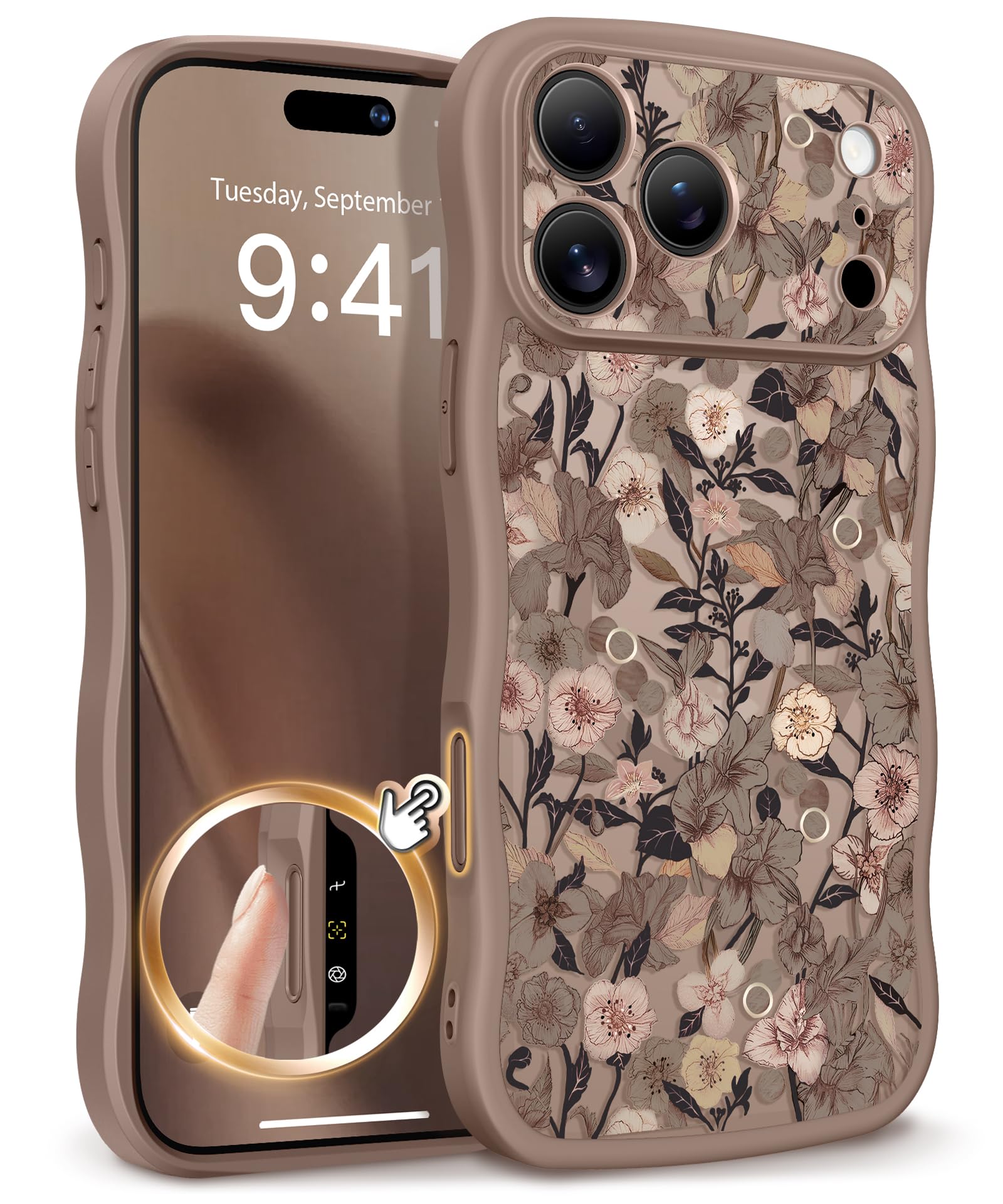 GVIEWIN for iPhone 17 Pro Case Compatible with MagSafe [Curly Wave Edge][Full Camera Protection] Floral Translucent Shockproof Magnetic Women Phone Case for iPhone 17 Pro 6.3'', Floratopia/Brown