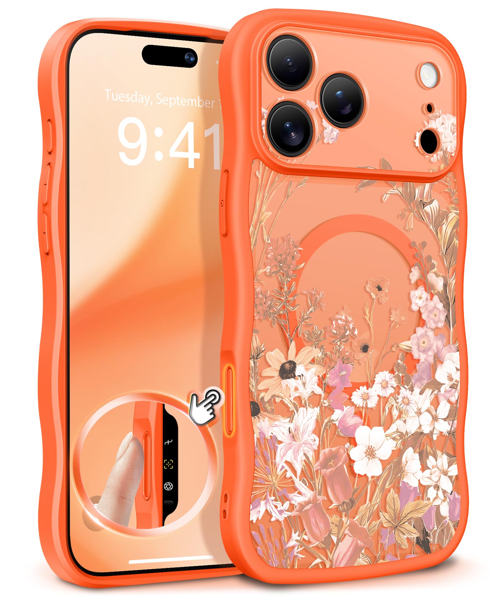 GVIEWIN for iPhone 17 Pro Case Compatible with MagSafe [Curly Wave Edge][Full Camera Protection] Floral Translucent Shockproof Magnetic Women Phone Case for iPhone 17 Pro 6.3'', Floratopia/Brown