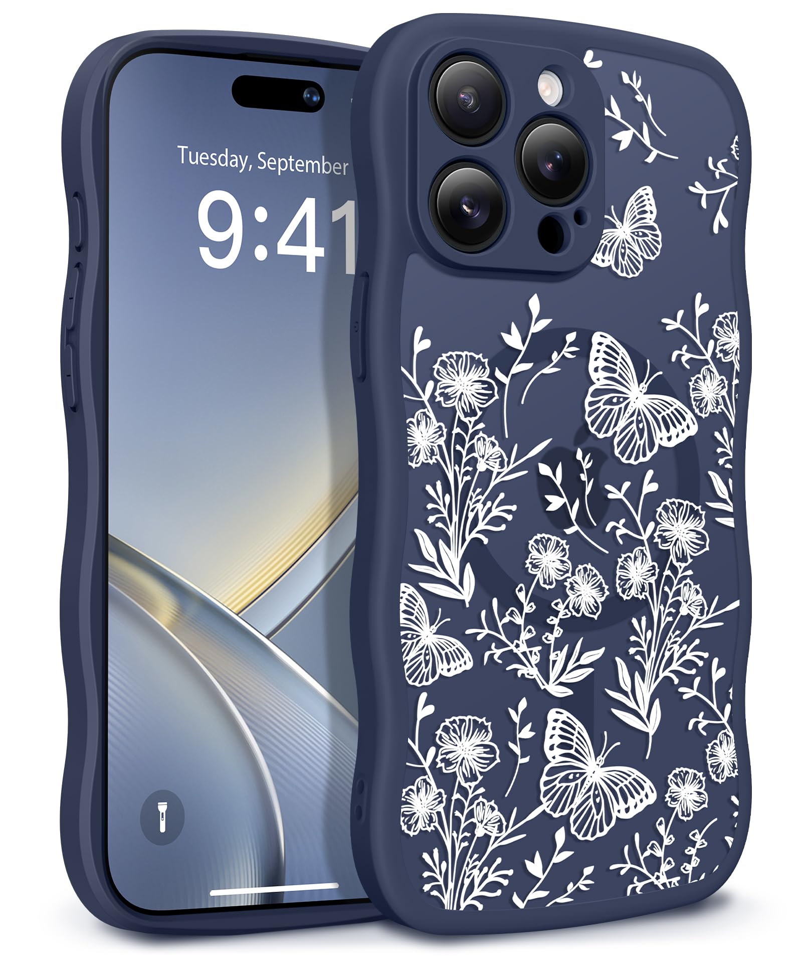 GVIEWIN for iPhone 17 Pro Case Compatible with MagSafe [Curly Wave Edge][Full Camera Protection] Floral Translucent Shockproof Magnetic Women Phone Case for iPhone 17 Pro 6.3'', Floratopia/Brown