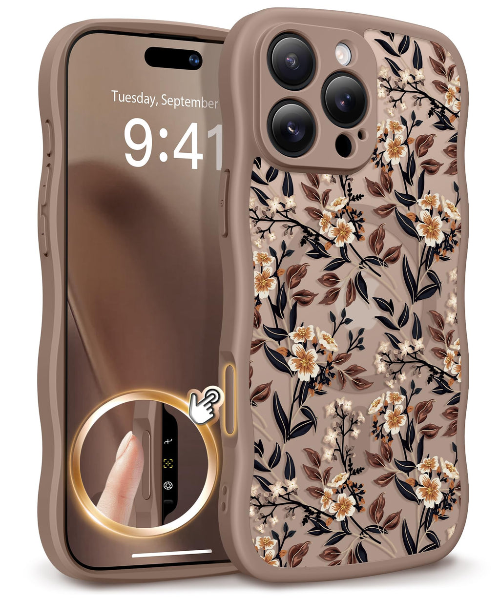 GVIEWIN for iPhone 17 Pro Case Compatible with MagSafe [Curly Wave Edge][Full Camera Protection] Floral Translucent Shockproof Magnetic Women Phone Case for iPhone 17 Pro 6.3'', Floratopia/Brown
