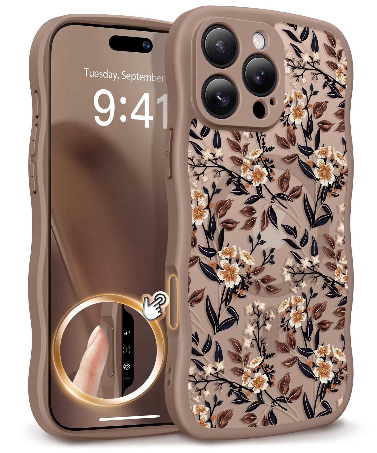 GVIEWIN for iPhone 17 Pro Case Compatible with MagSafe [Curly Wave Edge][Full Camera Protection] Floral Translucent Shockproof Magnetic Women Phone Case for iPhone 17 Pro 6.3'', Floratopia/Brown