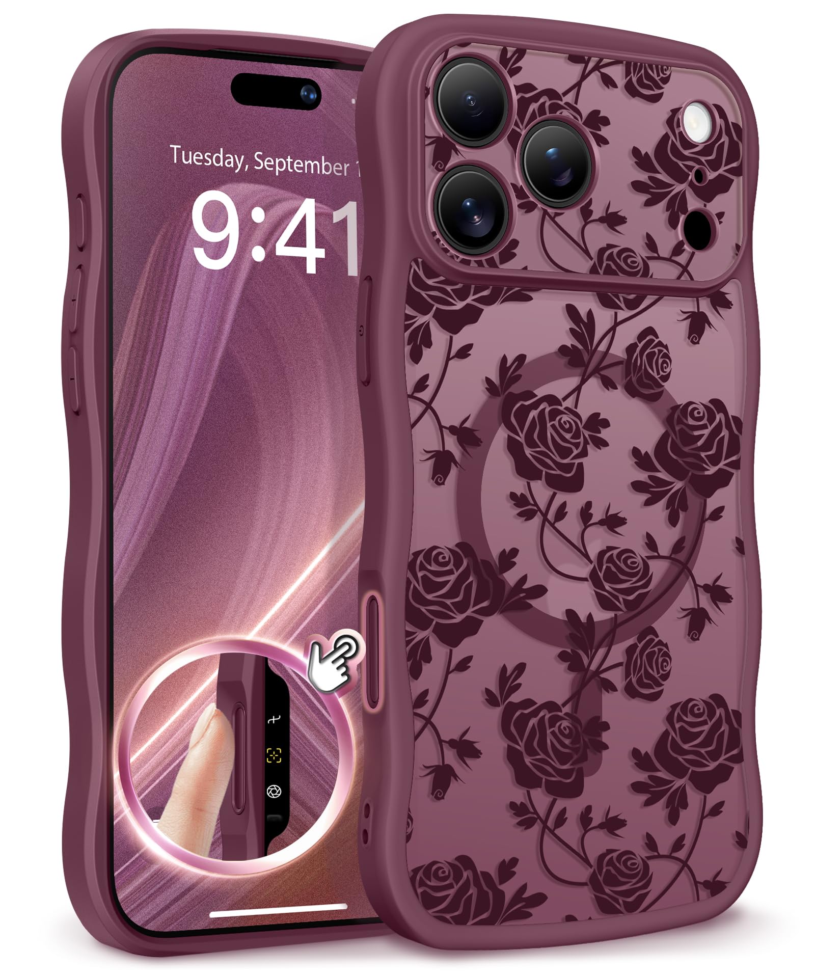 GVIEWIN for iPhone 17 Pro Case Compatible with MagSafe [Curly Wave Edge][Full Camera Protection] Floral Translucent Shockproof Magnetic Women Phone Case for iPhone 17 Pro 6.3'', Floratopia/Brown