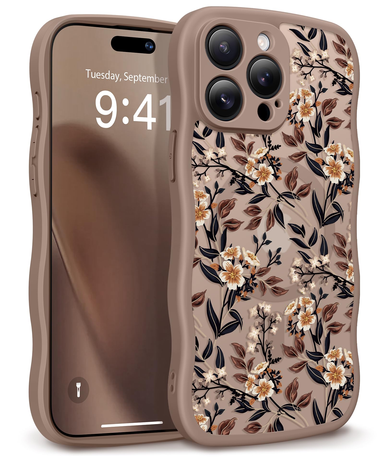 GVIEWIN for iPhone 17 Pro Case Compatible with MagSafe [Curly Wave Edge][Full Camera Protection] Floral Translucent Shockproof Magnetic Women Phone Case for iPhone 17 Pro 6.3'', Floratopia/Brown