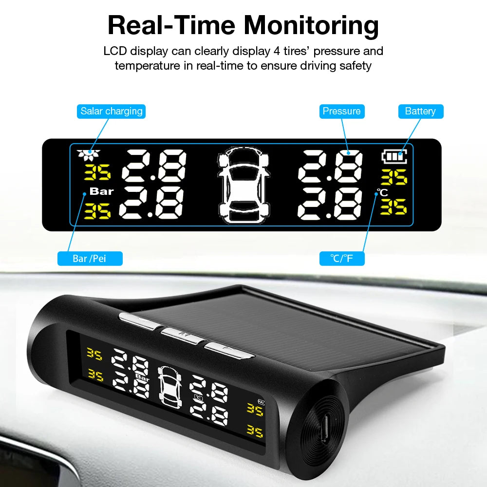 Car TPMS Tire Pressure Monitoring System Solar Charging HD Digital LCD Display Auto Alarms Wireless External Sensors TPMS